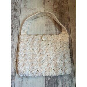 Handmade Cream Crochet Shoulder Bag With Button Closure & Lining